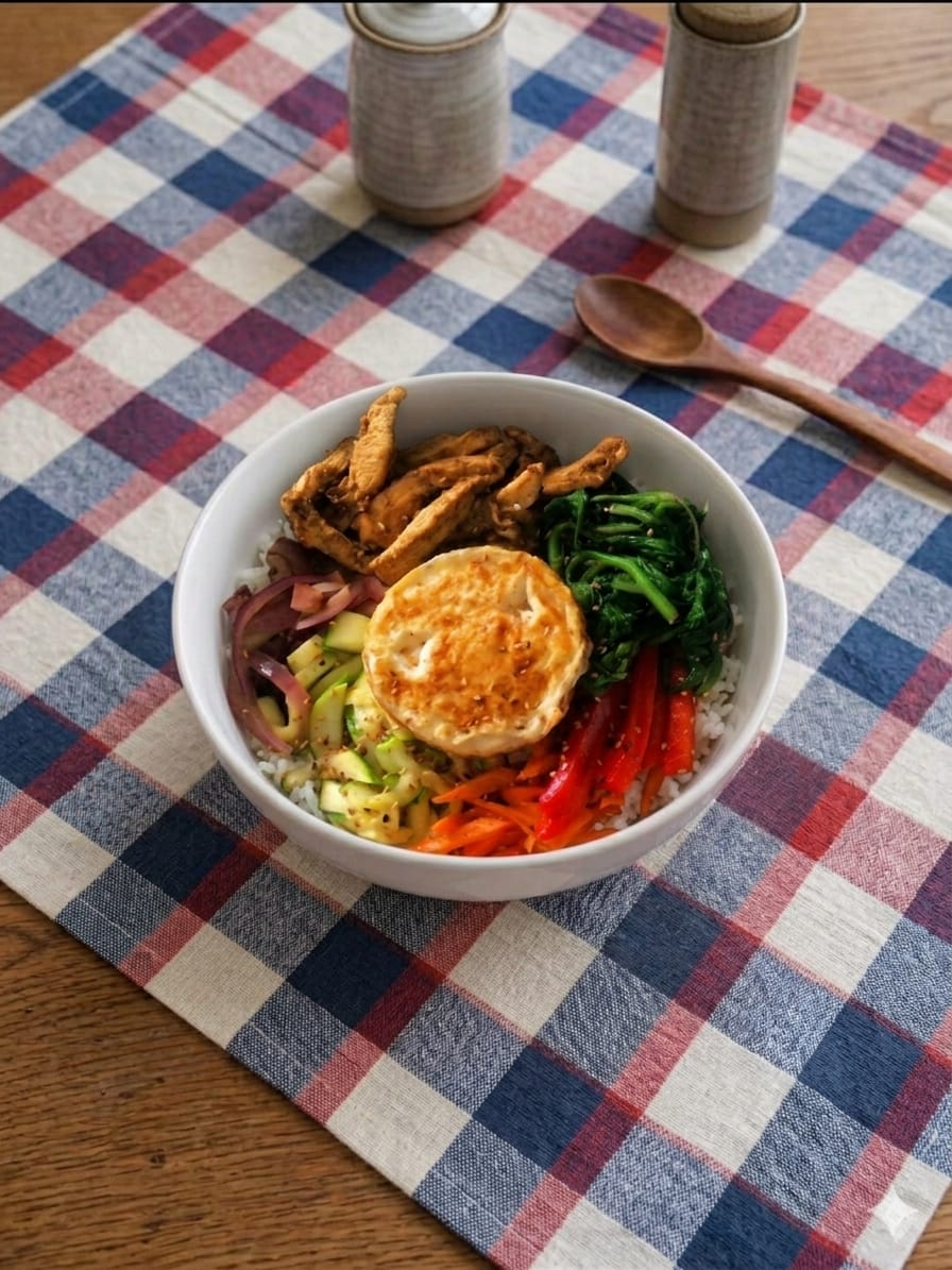 Bibimbap coreano com legumes coloridos e ovo, servido à mesa